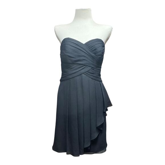 David's Bridal Short Crinkle Chiffon Dress Front Cascade F14847 Black 14 - Picture 2 of 5